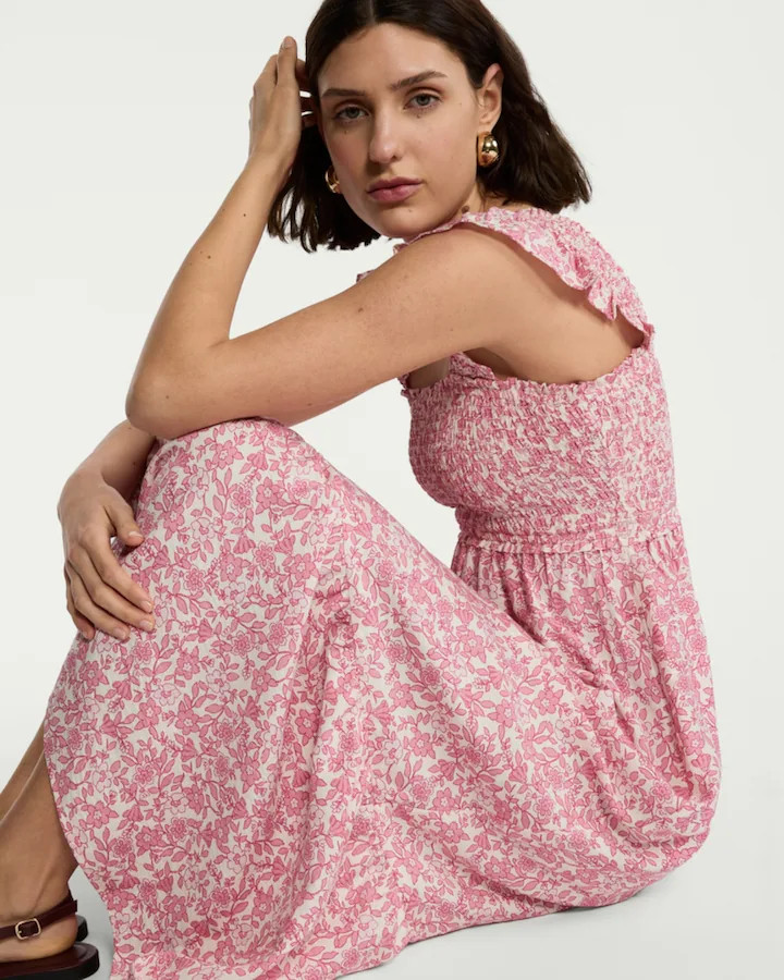 F&F Floral Smocked Midi Dress in Multi Pink | Tesco F&F