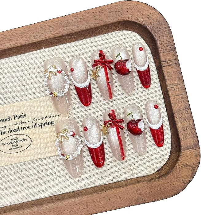 Christmas Press On Nails, Angora Red Cat Eye French Tips with Bow Design, Long Stiletto Shape, 10... | Amazon (US)