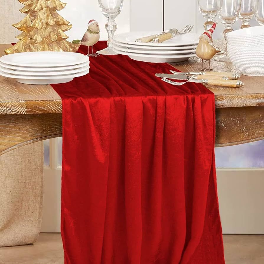 MODFUNS Velvet Fabric Red Table Runner 10FT Long Soft Luxury Linen Table Runner 29x120 Inch Chris... | Amazon (US)