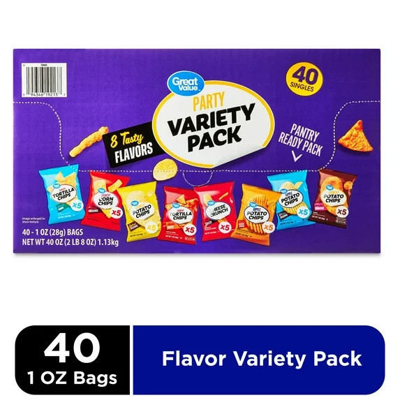 Great Value Party Snack Chips Variety pack, 40 Count, 1 oz | Walmart (US)