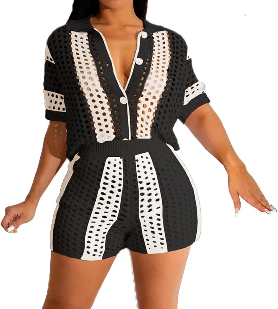 VOIKERDR Shorts Sets Women 2 Piece Outfits Crochet Hollow Out Shirt and Shorts Summer Vacation Be... | Amazon (US)