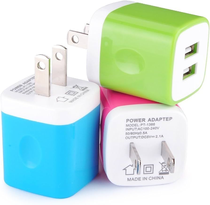 Wall Charger, [3-Pack] 5V/2.1AMP Ailkin Colorful 2-Port USB Wall Charger Home Travel Plug Power A... | Amazon (US)