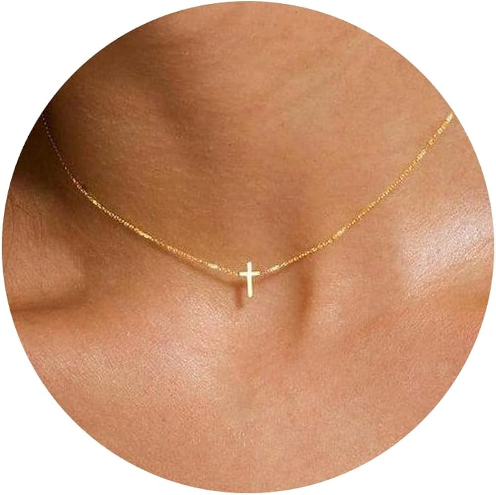 Tewiky Dainty Cross Necklace for Women, 14K Gold Plated Simple Cross Choker Necklaces Small Cross... | Amazon (US)