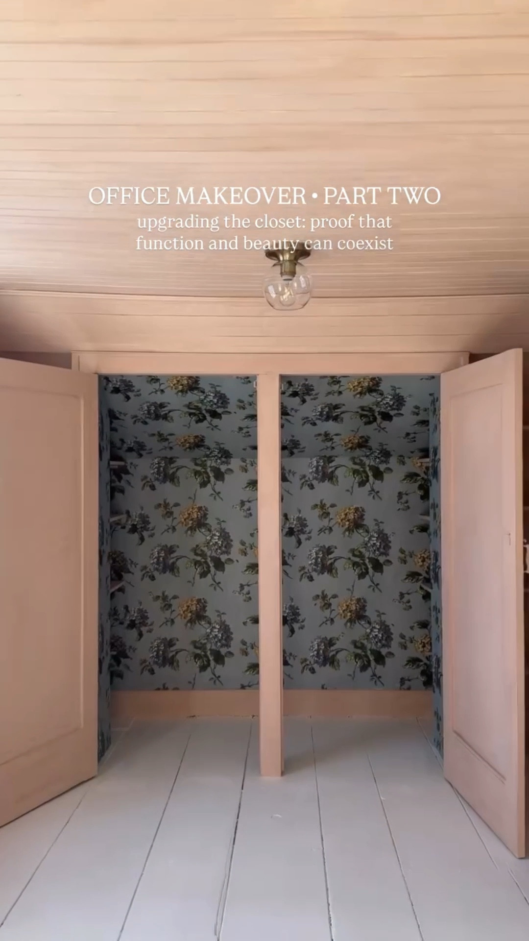 OFFICE MAKEOVER PART TWO 🗝️ Refresher: I’m moving my office to a guest room so I can have more space and make way for a new laundry room.

I had a really specific vision for this space and the closet obviously had to be both super functional (nature of my job) and super pretty (nature of my needs). And I require A LOT of storage.

There was janky shelving behind the walls flanking the closet doors—not the best use of space. So naturally, John was like: I can build you some display shelves next to the doors and make the back part custom storage. An offer I could not refuse.

So here’s what we (John) did:
• took out the old shelving and removed the drywall next to the doors
• patched up and refinished the interior, installing new drywall to create 2 separate spaces—a front and back—in the cavities next to the doors
• wallpapered the entire interior (I really toyed with the idea of extending it to the back of the display shelves too, but ultimately decided not to, phewf) — it’s a gorge @houseofhackney paper from @anthropologie
• made custom shelves for both the front and the back

I’m obsessed with how it turned out. It’s really chic with the lime wash, the wallpaper is just beautiful and makes opening the closet so fun, and the shelves are a dream. Keep an eye out for part 3 🤭
—

In part one i covered the first order of business: beadboardjng the ceiling — scroll not too far down on my feed to catch that if you missed it.

#LTKHome