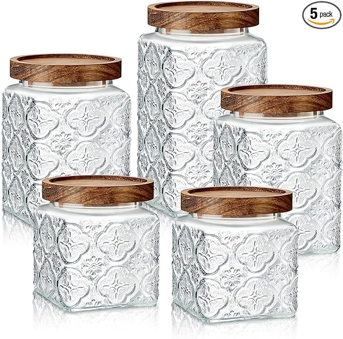 Gerrii 5 Pcs Vintage Glass Food Storage Containers 17/24/34 oz Glass Jar with Lid Begonia Pattern... | Amazon (US)