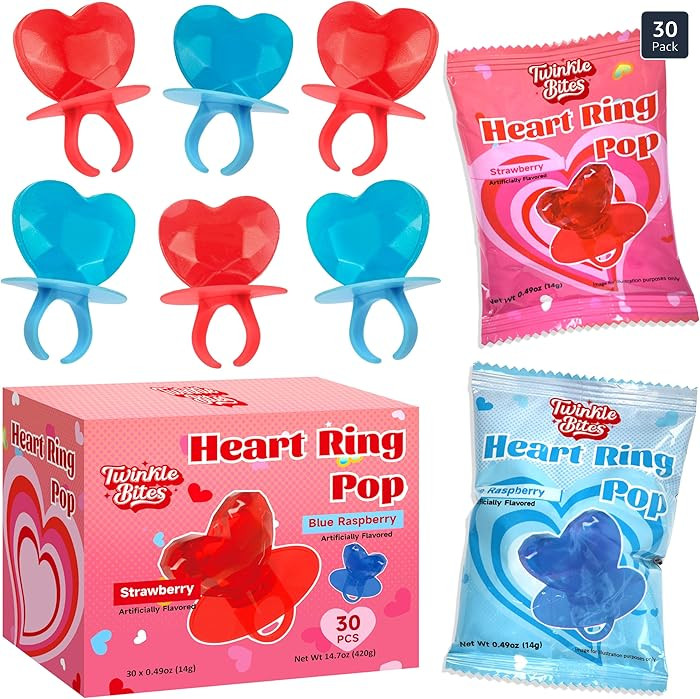 30 Pack Valentines Day Ring Candy – Individually Wrapped Holiday Themed Lollipops – Strawberr... | Amazon (US)