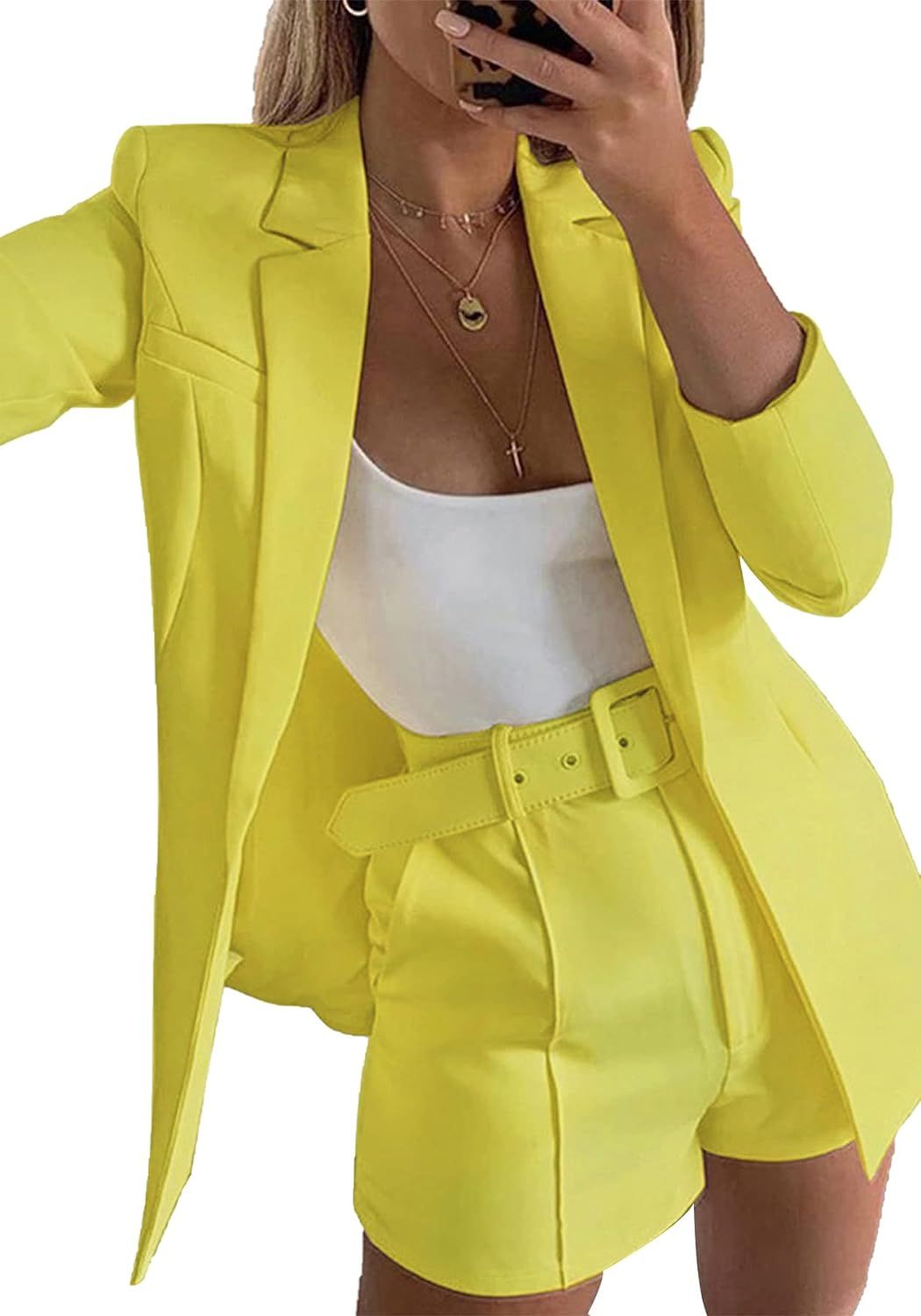 2 Piece Outfits for Women Long Sleeve Solid Color Blazer with Pockets Shorts Suit Sets | Amazon (US)