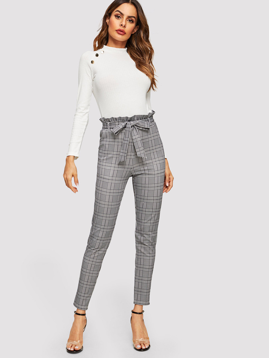 SHEIN Paperbag Waist Plaid Cigarette Pants | SHEIN