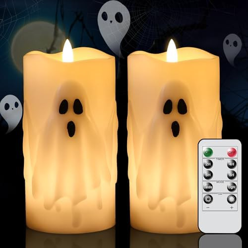 Halloween Ghost Flameless Pillar Candles with Remote Timer, 2PCS | Amazon (US)