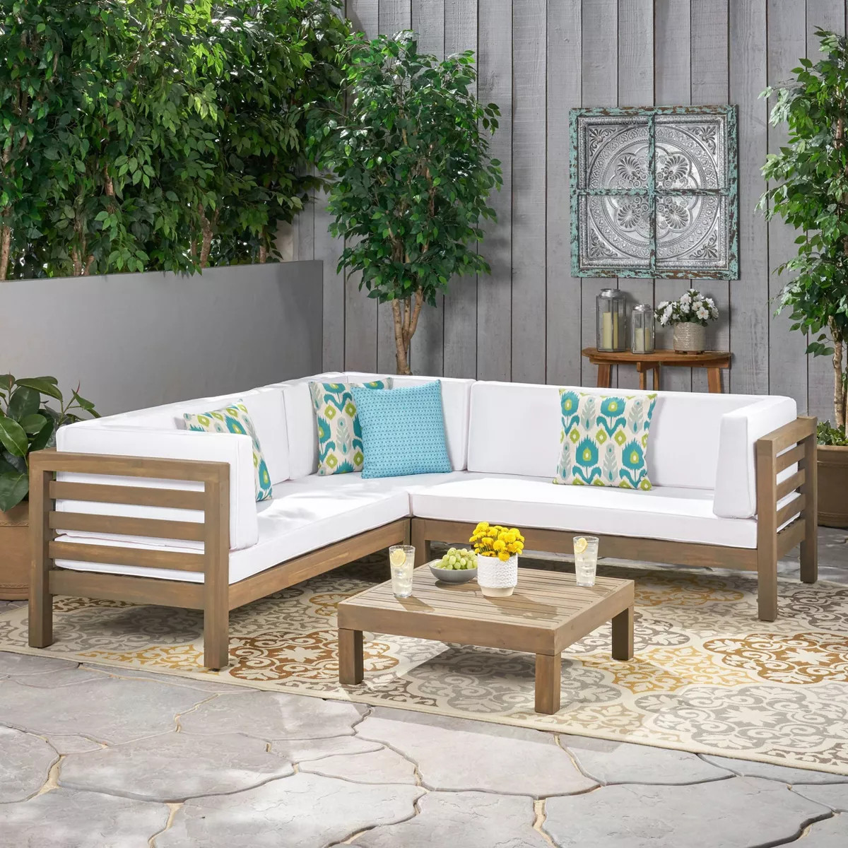 Oana 4pc Acacia Wood Patio Sectional Chat Set w/ Cushions - Christopher Knight Home | Target