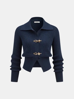 Collared Metal Buckle Ribbed Cropped Sweater | Commense