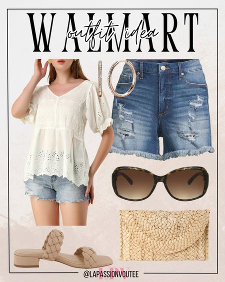 Summer sophistication awaits! Radiate elegance in an eyelet peplum blouse paired with high-rise jean shorts. Accessorize with timeless hoop earrings and sleek sunglasses. Complete your ensemble with a charming straw envelope bag and elevate your look with heeled braided sandals. Find your summer style at Walmart today.

#LTKfindsunder100 #LTKstyletip #LTKSeasonal