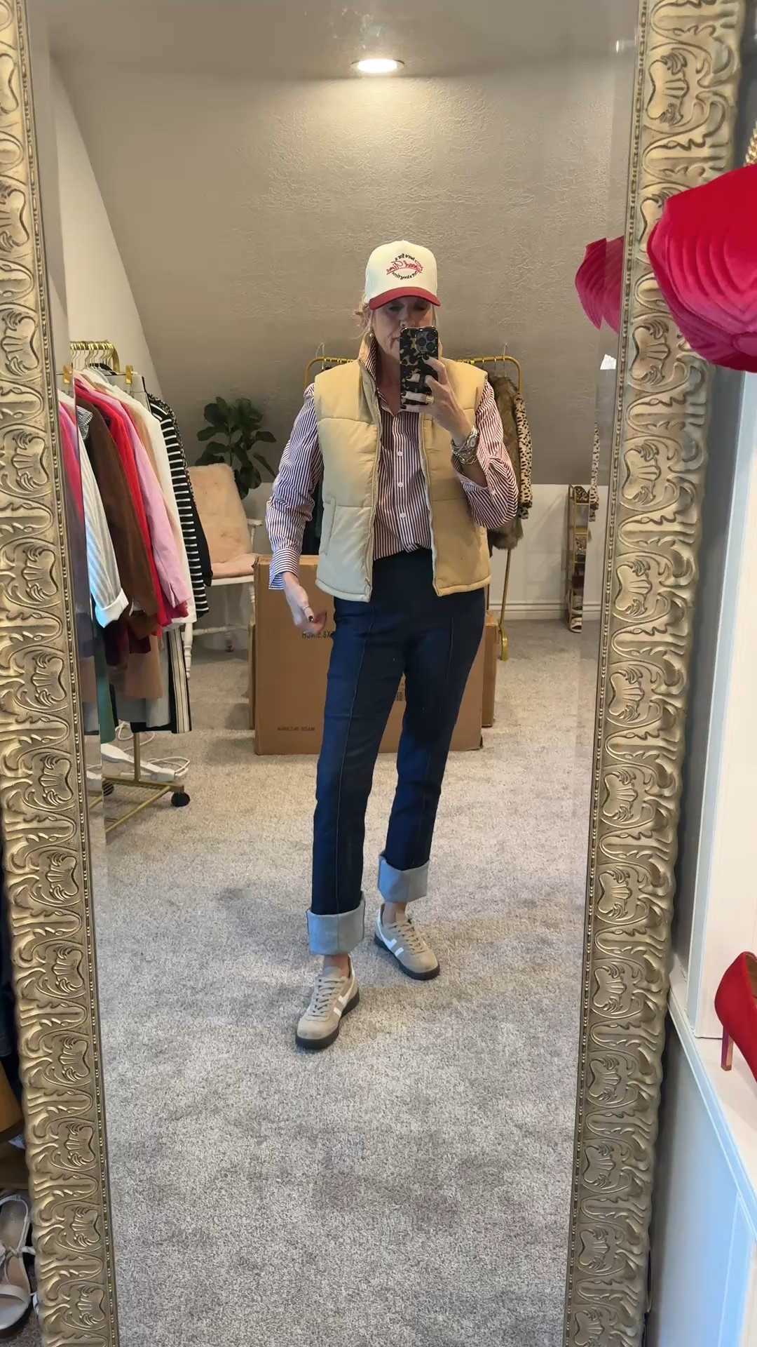 Fall outfit 

Spanx burgundy pinstripe button up shirt! Fits tts 

Spanx jeans with pull up waist, tummy control , no pockets and slight flare

Save 15% with code Deardarcyxspanx 

Amazon find puffer vest 
Tts in med

Gola tennis shoes comfy and tts 

Amazon find funky junk baseball cap  “here for a good time not a long time!”

#LTKFindsUnder100 #LTKOver40 #LTKStyleTip