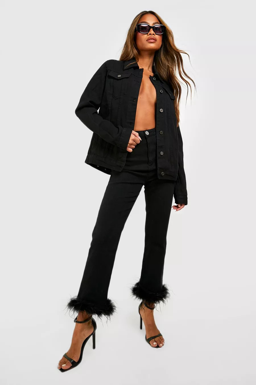 Feather Trim High Waisted Straight Leg Jeans | Boohoo.com (US & CA)