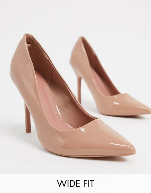 ASOS DESIGN Wide Fit Phoenix pointed high heeled court shoes in beige patent | ASOS (Global)