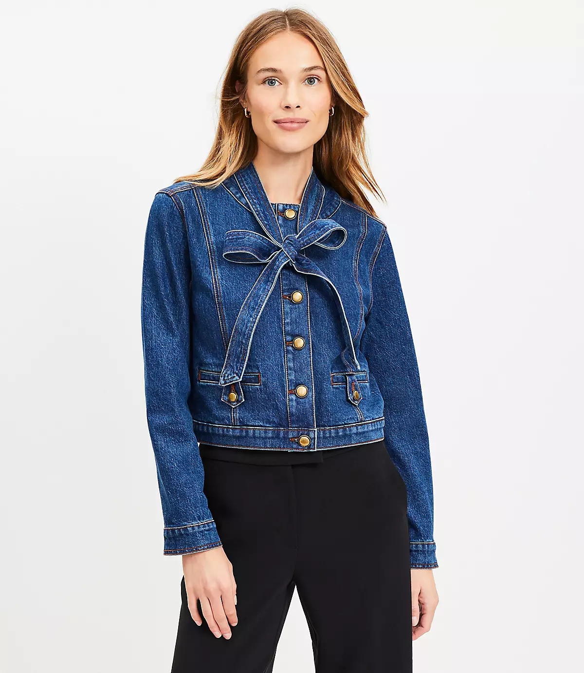 Bow Collarless Denim Jacket in Refined Mid Indigo Wash | LOFT