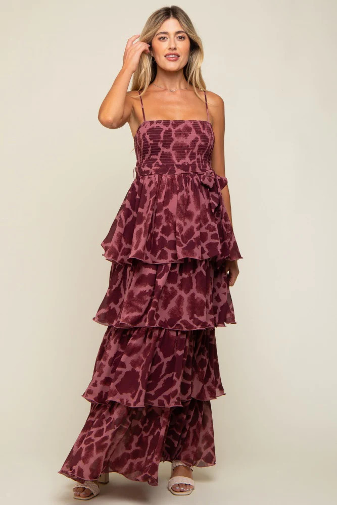 Burgundy Animal Print Flounce Tier Maternity Maxi Dress | PinkBlush Maternity
