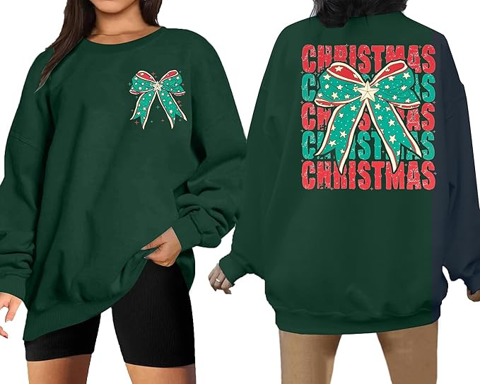 Christmas Sweatshirt Women Christmas Bow Sweater Oversized Crewneck Christmas Graphic Hoodie Chri... | Amazon (US)