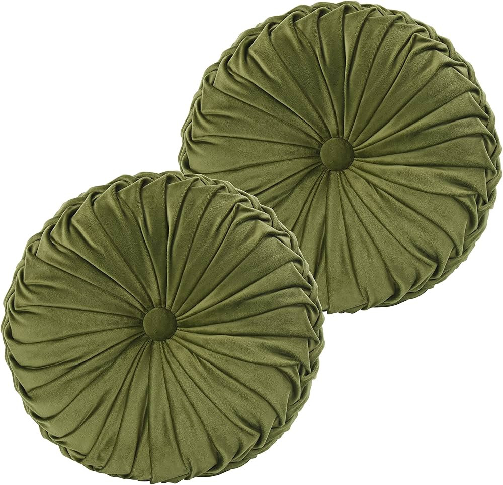 HIG Set of 2 Decorative Round Pleated Throw Pillows, Classy Accent Pumpkin Throw Pillows with Center Button, Vintage Velvet Floor Pillows for Sofa Couch Vanity Chair Bed, Olive, 14.5" Diameter(Ripple) | Amazon (US)