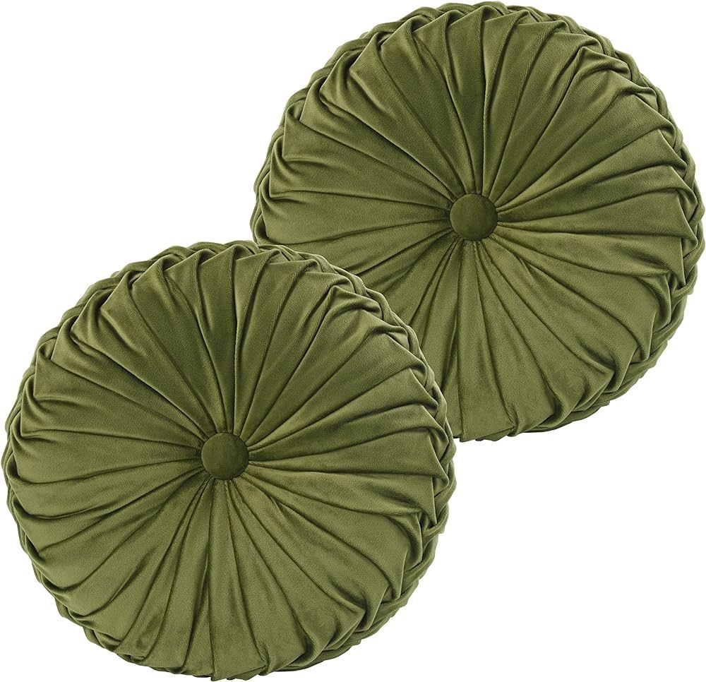 HIG Set of 2 Decorative Round Pleated Throw Pillows, Classy Accent Pumpkin Throw Pillows with Center Button, Vintage Velvet Floor Pillows for Sofa Couch Vanity Chair Bed, Olive, 14.5" Diameter(Ripple) | Amazon (US)