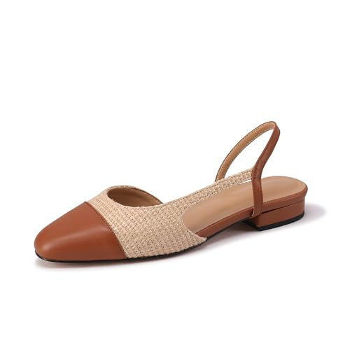 LUXMUWA Raffia Flats Slingback Shoes for Women Espadrilles Sling Back Shoes Closed Toe Two Tone Low Heel Pumps Brown Dressy Work Office Dress Shoes, 10 | Amazon (US)