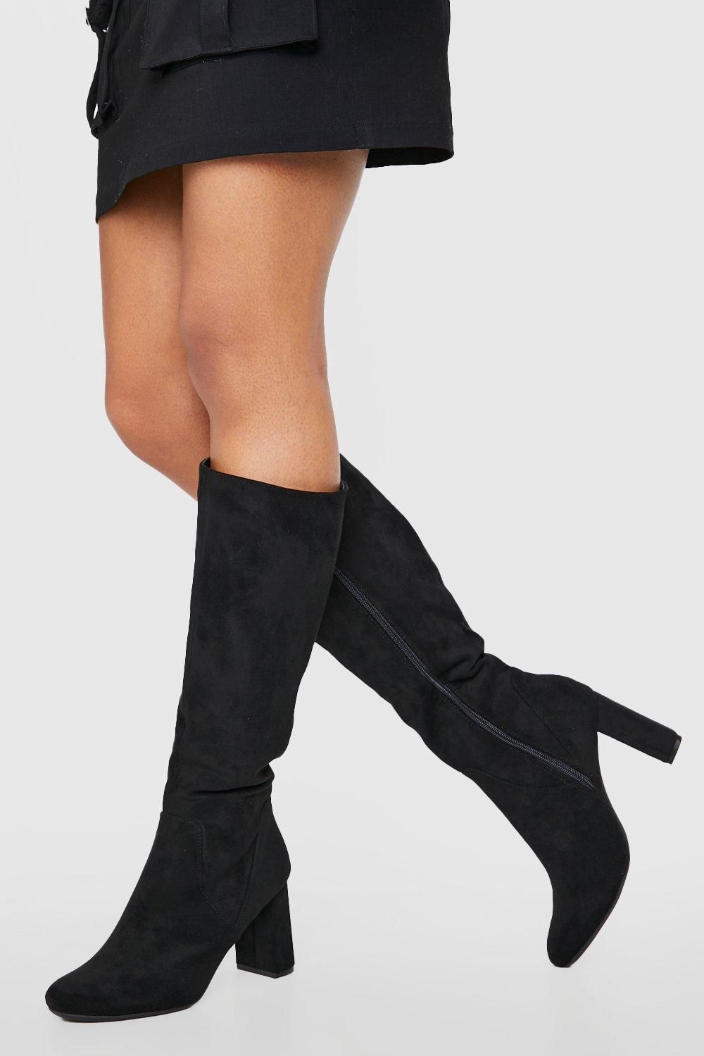 Womens Faux Suede Knee High Heeled Boots - Black - 6 | Boohoo.com (US & CA)