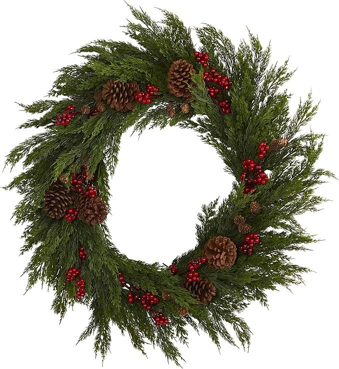 Nearly Natural 32in. Cypress with Berries and Pine Cones Artificial Wreath, Green | Amazon (US)