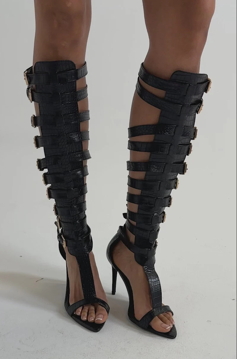 AZALEA WANG CHERLLI BLACK CROC OVER THE KNEE SANDAL | AKIRA