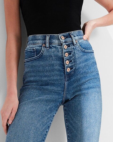 Super High Waisted Medium Wash Button Fly Mom Jeans | Express