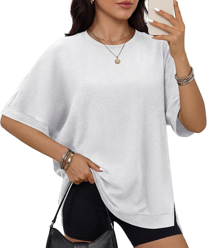 Women Oversized Waffle Knit T-Shirts Summer Casual Short Sleeve Tunic Tops Side Spilt Tee Shirts ... | Amazon (US)