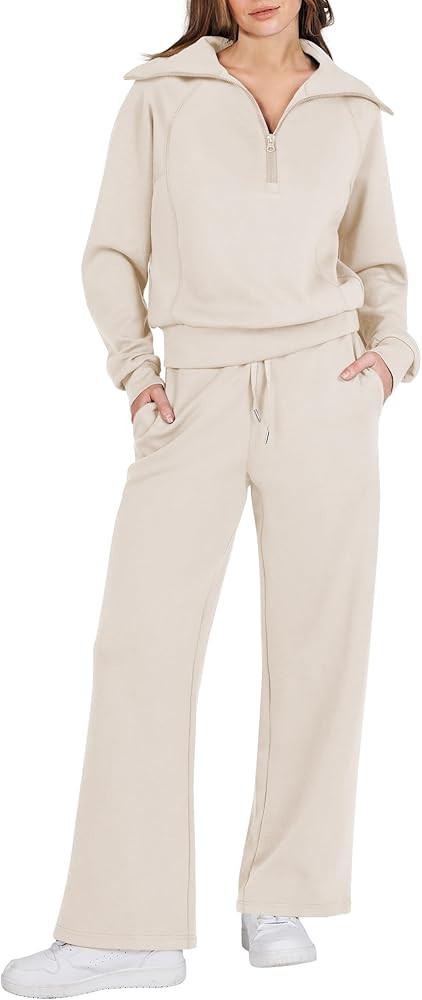 LOGENE Womens 2 Piece Sweatsuits Lounge Joggers Sets Half Zip Sweatshirts with Wide Leg Sweatpant... | Amazon (US)