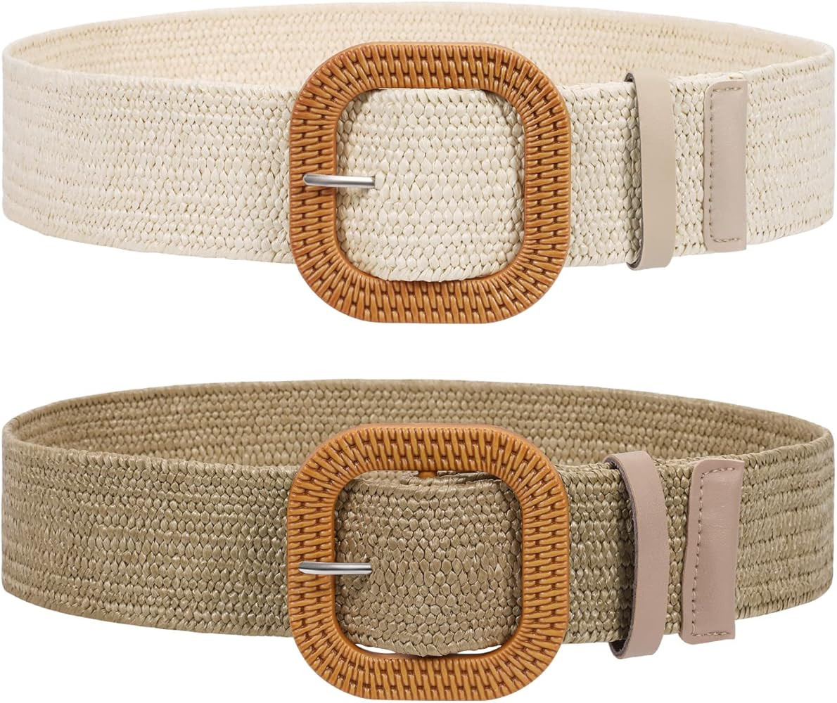 XIAOWU 2 Pack Elastic Woven Waist Belts for Women Dress, Stretchy Boho Braided Straw Band Belt Wi... | Amazon (US)