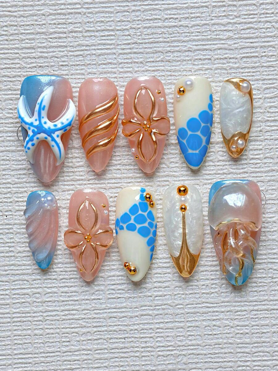 10pcs Handmade Almond-Shaped Nail Tips, Blue & Pink Ombre Floral, Water Drop, Starfish, Jellyfish... | SHEIN