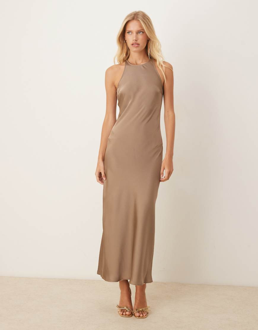 Vila racer satin midaxi dress in light brown-Neutral | ASOS (Global)