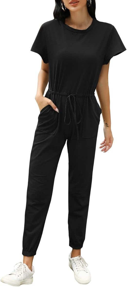 ROYLAMP Women's Casual Long Jumpsuit Drawstring Short Sleeve Elastic Waist Round Neck Loose Stret... | Amazon (US)