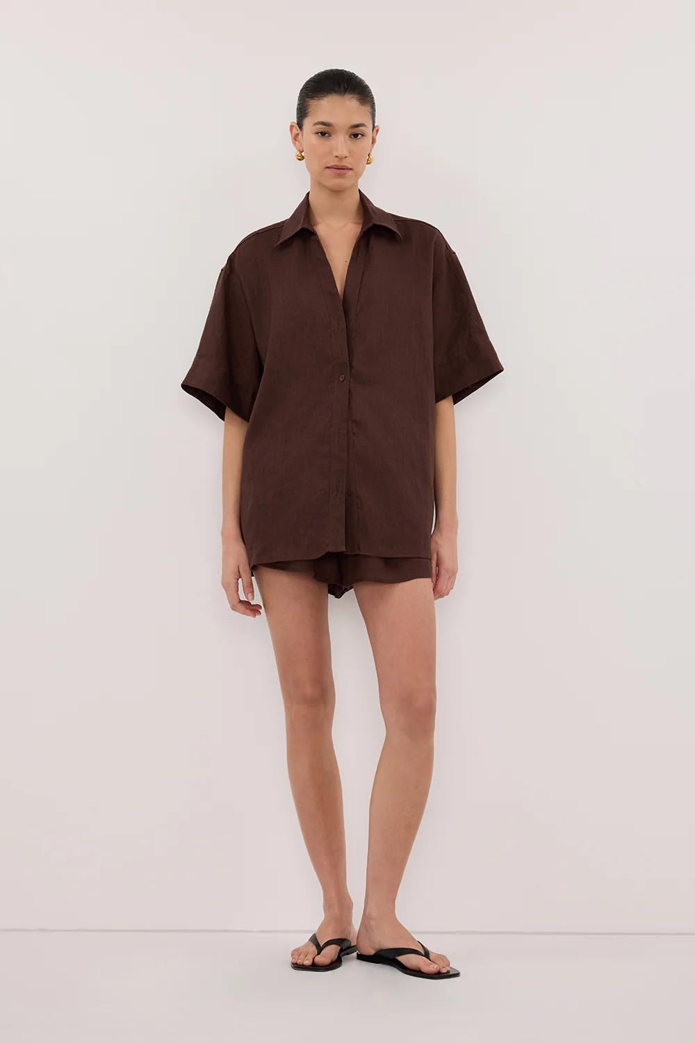 HELENA COCOA SHORT SLEEVE LINEN SHIRT | DISSH