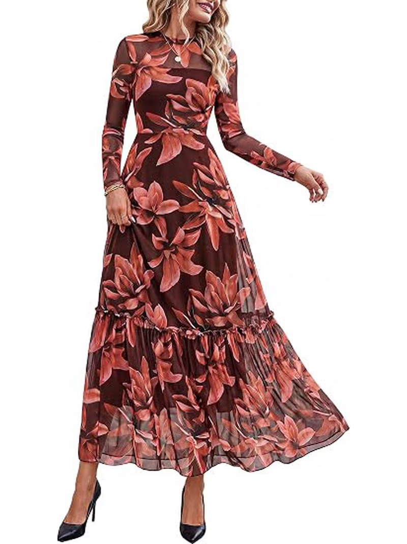 BTFBM Boho Mesh Long Sleeve Dress for Women | Mock Neck, Floral, A Line, Tiered, Graduation, Wedd... | Walmart (US)