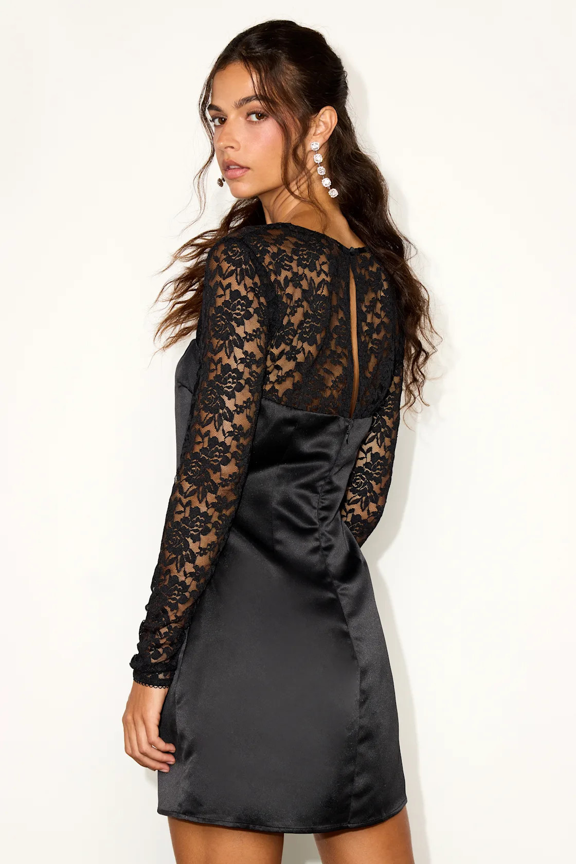 Prettiest Behavior Black Satin Lace Long Sleeve Mini Dress | Lulus