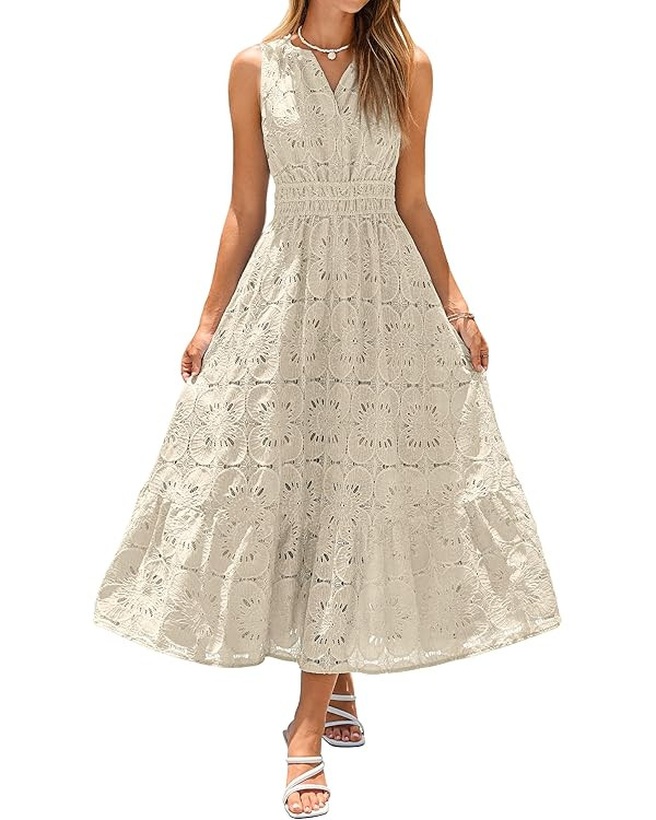 Simplee Women Summer Sleeveless Eyelet Maxi Dress 2026 Lace Casual V Neck A Line Boho Flowy Beach... | Amazon (US)