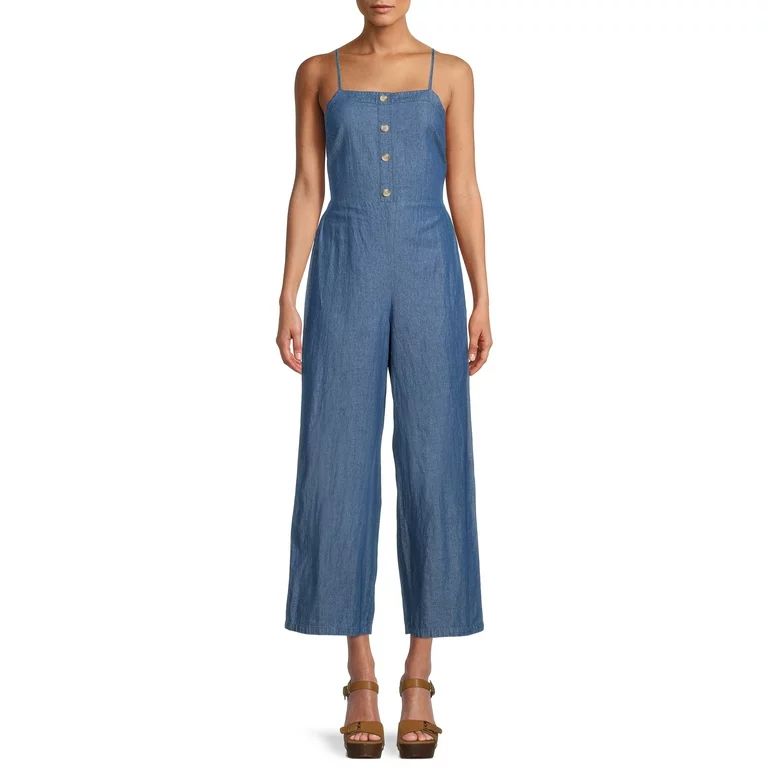 Derek Heart Women's Juniors Button Front Denim Jumpsuit with Bow Back | Walmart (US)