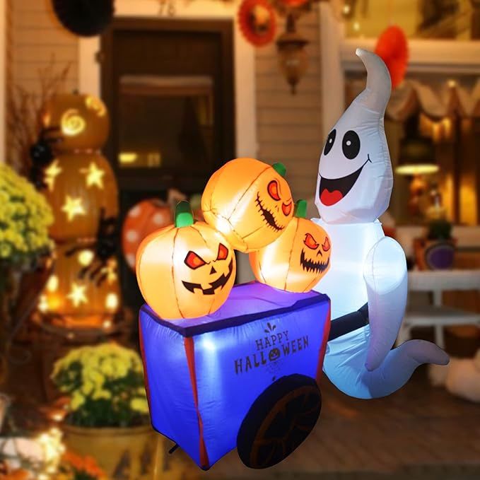 GOOSH 6 FT Height Halloween Inflatables Outdoor Ghost with Pumpkin Cart, Blow Up Yard Decoration ... | Amazon (US)