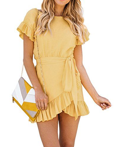 Yobecho Womens Summer Short Sleeve Ruffles Tunic Party Shift Wrap Short Dresses (Small, Yellow) | Amazon (US)