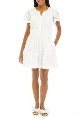 Crown & Ivy™ Women's Short Sleeve Eyelet Mini Dress | Belk