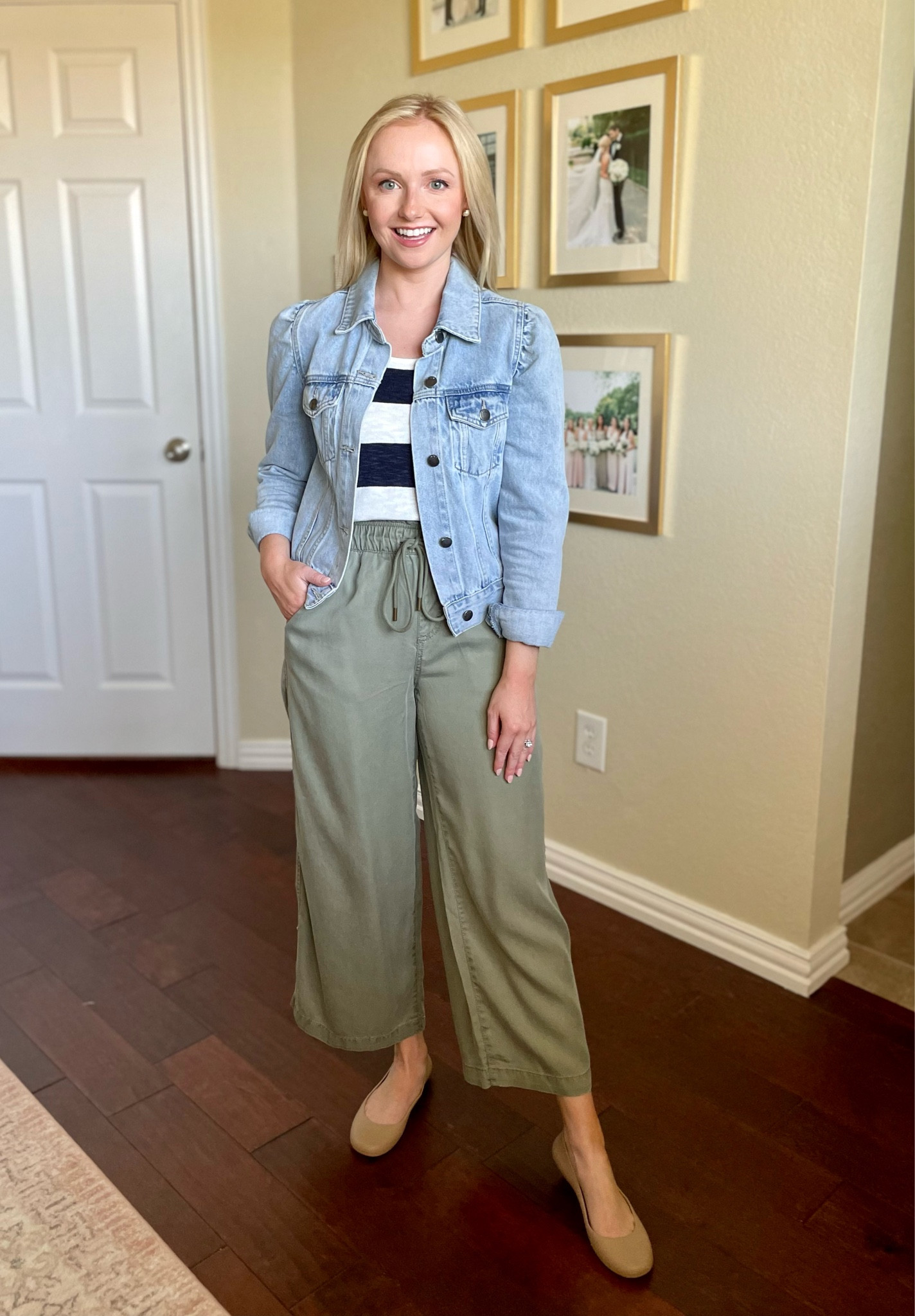Wearing an XSP in pants and S/M in top | teacher outfit, teacher style, olive pants, wide leg pants, striped tank, denim jacket 

#LTKworkwear #LTKSeasonal #LTKFind
