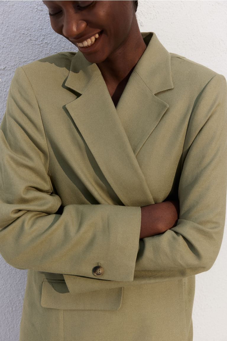 Linen-blend blazer - Long sleeve - Regular length - Khaki green - Ladies | H&M GB | H&M (UK, MY, IN, SG, PH, TW, HK)