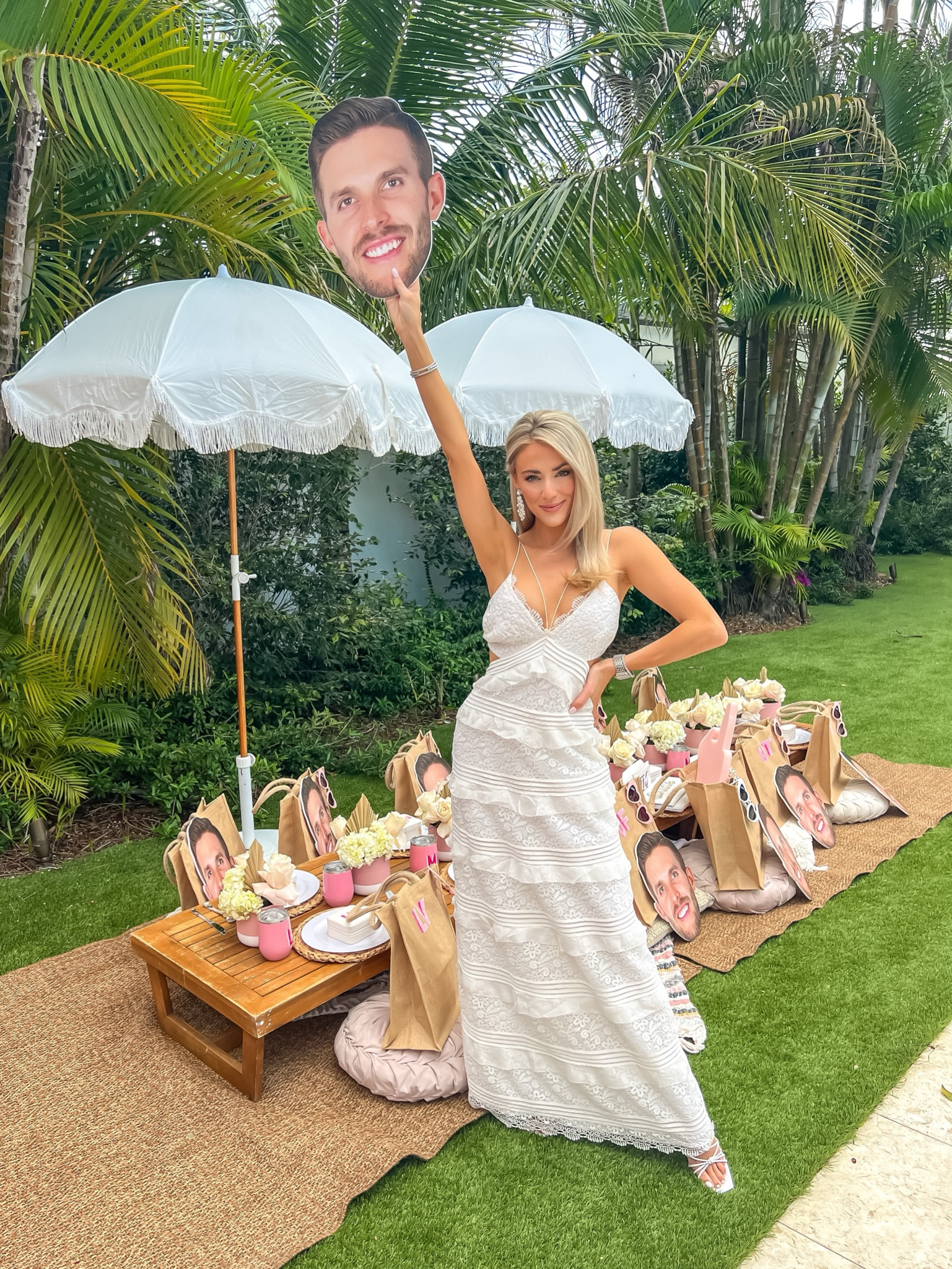 Brunch picnic 
White lace dress 
Rehearsal dinner 
Bride 
Bachelorette 
Bride events 
White drsss 
 

#LTKunder50 #LTKwedding #LTKstyletip