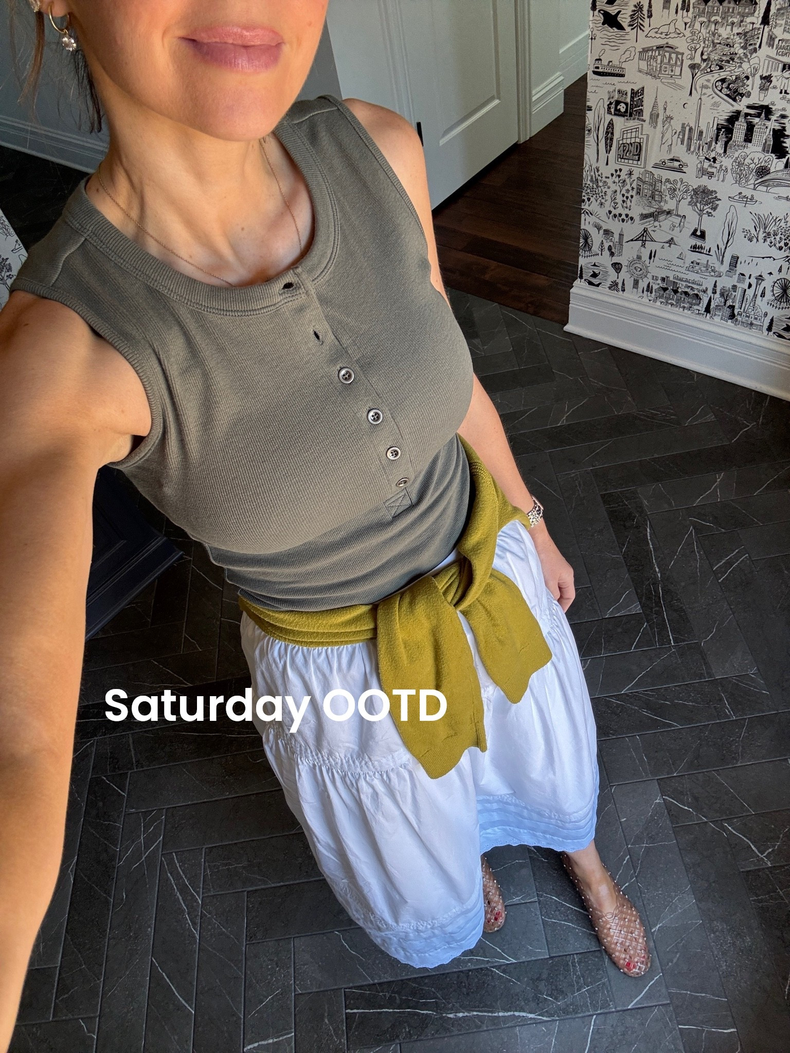 Saturday outfit of the day - wearing size small in the skirt but it runs big. Size XS would be better! Wearing a small in the tank, it’s true to size. Green sweater around my waist is older but I linked some similar options

#LTKdayinmylife #LTKgrwm #LTKootd