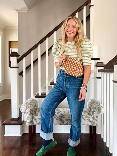 Casual Friday at the office, work from home, or weekend - an elevated everyday outfit to try.  English factory stripe puff sleeve top, reformation denim, Clare v grande Fanny, navy trouser socks, rothy green drivers
❤️ Claire Lately 

#LTKSeasonal #LTKworkwear #LTKfindsunder100