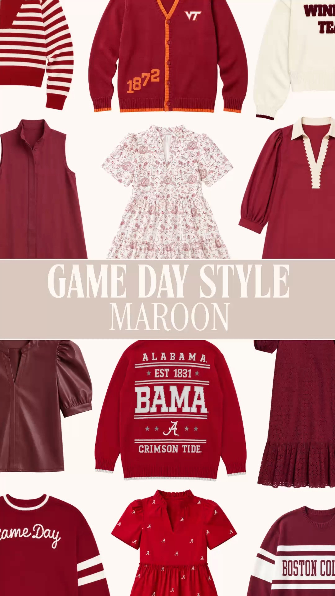 Maroon game day outfits | college football outfits women | NFL game day outfit | tailgate outfit | football season fashion

Maroon game day style, all in one place for college football Saturdays and NFL Sundays. I found dresses, sweaters, cardigans, popovers and tops in maroon, crimson, burgundy and garnet that bring the team spirit while still feeling preppy, feminine and wearable long after the final whistle.

This edit covers the full football season calendar: lightweight mini dresses and short-sleeve tops for hot September kickoffs, collared styles for alumni weekends, and striped sweaters, varsity cardigans and football knits for cooler stadium weather. School logos, contrast trim, puff sleeves and Game Day details make every team-color outfit feel intentional.

Maroon, crimson and garnet work beautifully for Alabama Crimson Tide, Virginia Tech Hokies, Texas A&M Aggies, Mississippi State Bulldogs, Boston College Eagles, Florida State Seminoles and South Carolina Gamecocks outfits, plus Washington Commanders game day style.

Pair these pieces with white jeans, denim, pleated skirts, boots or sneakers for tailgates, watch parties, homecoming, football mom outfits, school spirit days and Sunday football. This collection can handle September heat, October tailgates and the colder stretch of football season.

maroon game day outfit, crimson game day outfit, burgundy game day outfit, garnet game day outfit, college football outfit women, NFL outfit women, tailgate outfits women, game day dress, game day sweater, football sweater women, varsity cardigan, preppy game day outfit, football mom outfit, stadium outfit women, watch party outfit, homecoming outfit

#LTKFindsUnder50 #PreppyStyle #GameDayOutfits #TailgateOutfit #FootballSeason #MaroonOutfit #FootballGameOutfit

#LTKSeasonal #LTKTravel #LTKootd