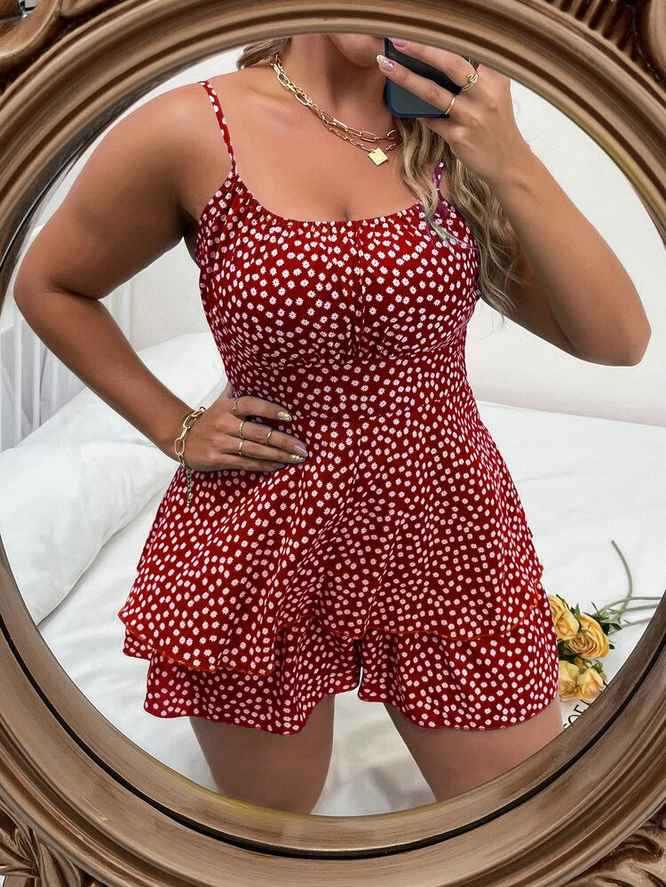 Plus Ditsy Floral Layered Hem Romper | SHEIN